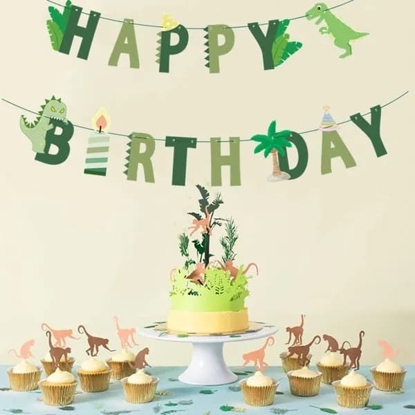 Бумажная гирлянда с надписью happy birthday и динозаврами, разноцветная, для украшения праздника