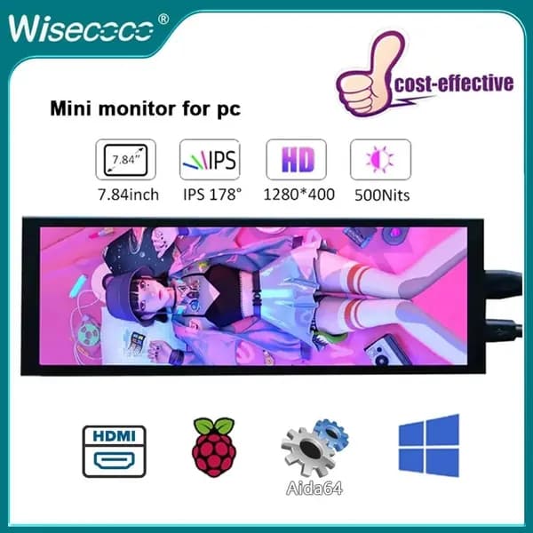 Wisecoco Пиксельный экран  7.84" портативный мини ЖК-монитор IPS (1280x400) — Вторичный экран для ноутбука, ПК, игр, Raspberry Pi 5/4 и Windows, оливковый