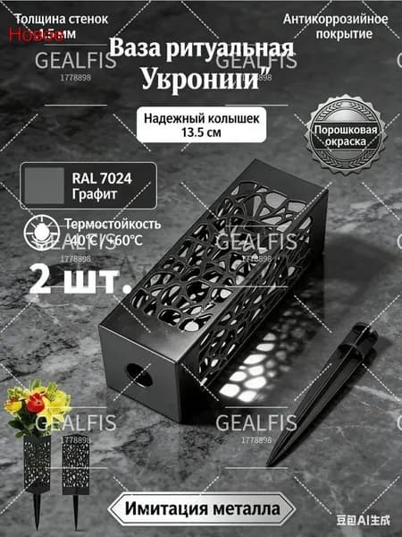 ГЕАЛФИС - это ритуальная ваза с устойчивым к атмосферным воздействиям рисунком, используемая для украшения памятников и надгробий, имитирующая металлический материал 2pc