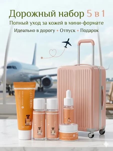 Дорожный Набор 5в1: пенка, лосьон, сыворотка, крем и тоник для лица.
