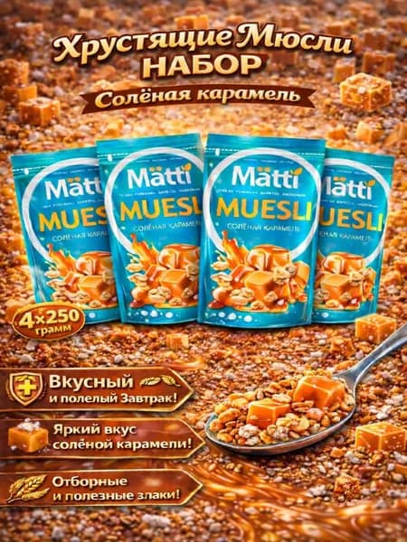 Мюсли запеченные Солёная Карамель Matti 4шт по 250г