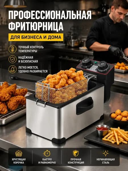 Электрическая фритюрница 3 л, из нержавеющей стали, с таймером и регулировкой температуры