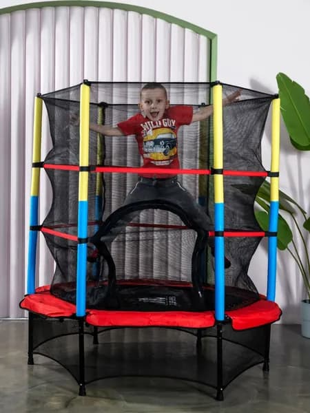 Каркасный батут DFC JUMP KIDS 55" с защитной сеткой, для улицы дома, детский спортивный комплекс, манеж диаметр 1.4 м до 45 кг, Красно-жёлто-синий