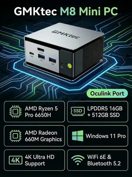 GMKtec Мини-ПК M8 (AMD Ryzen 5 PRO 6650H, RAM 16 ГБ, SSD 512 ГБ, AMD Radeon 660M, Windows 11 Pro)