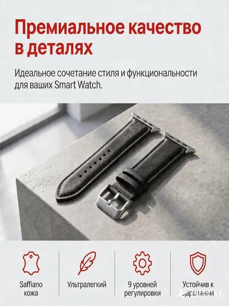 Ремешок для Apple Watch кожаный чёрный с тиснением под крест мягкий деловой мужской для офиса и повседневной носки38/40/41mm