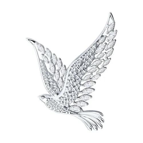 Брошь из родированного серебра 925 пробы с фианитами / птица / 52*40 мм