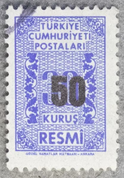 Почтовая марка "Official Stamp" Служебная марка. Надпечатка "50". Номинал 50 K. Turkiye. 1963 год. (Michel TR D84)