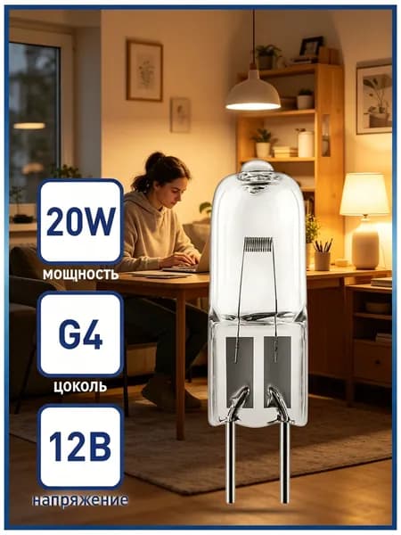 Лампочка, Цоколь:G4, 20 Вт, Галогенная, 5 шт.