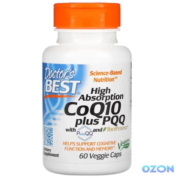 Коэнзим Q10 100 мг убихинол с пирролохинолинхинон, пиперин Doctor's Best CoQ10 100 мг plus PQQ 20 мг, 60 растительных капсул