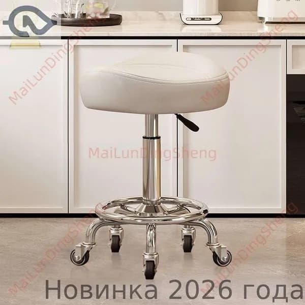 Ортопедический стул, Искусственная кожа, Модель без подножки и без спинки, белый цвет, с бесшумными резиновыми колёсами