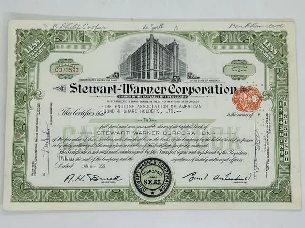 Ценная бумага США Производство авто приборов Stewart-Warner Corporation, 1950-1970 года №2