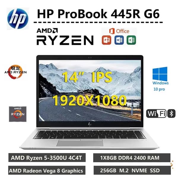 HP 14" HP ProBook 445R G6 Ноутбук 14", AMD Ryzen 5 3500U, RAM 8 ГБ, HDD 256 ГБ, AMD Radeon Vega 8, Windows Pro, (14" HP ProBook 445R G6), серебристый, Английская раскладка