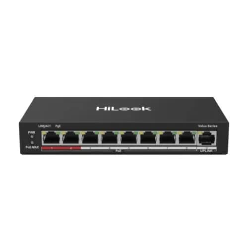 HILOOK NS-0109P-60(B), 8 портов, мегабит, PoE 60 Вт, 1 порт мегабитного восходящего канала, дальность действия 250 метров, неуправляемый, настольный коммутатор