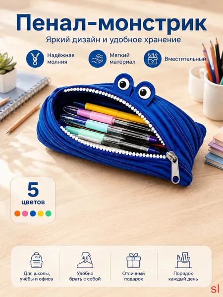 Прикольный пенал-монстр на одной молнии(Синий)