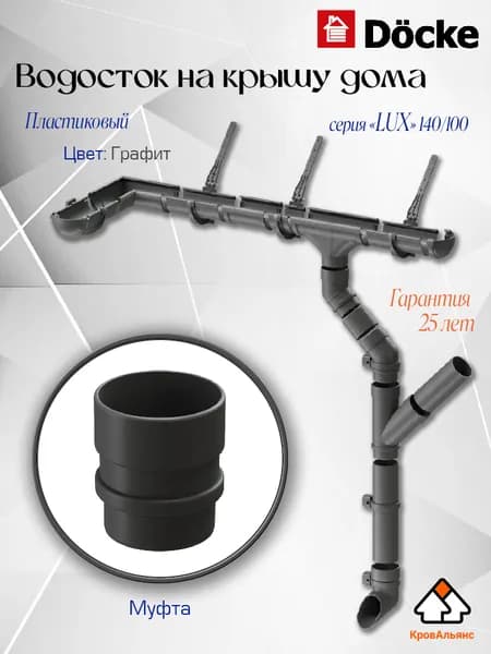 Водосток для крыши дома Docke: Муфта трубы соединительная, серия LUX 140/100 мм Графит