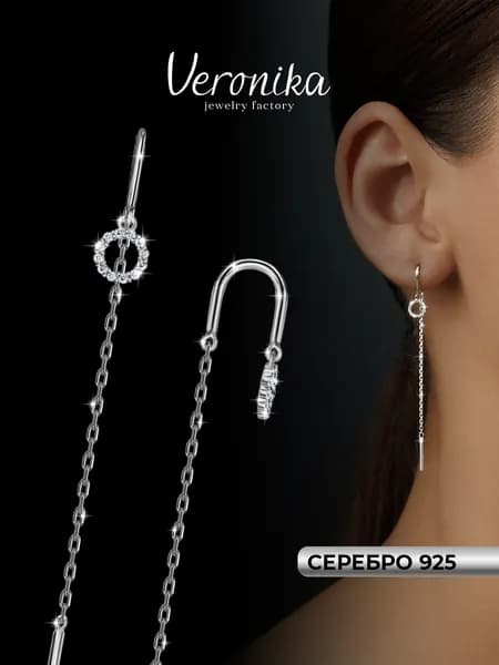 Серьги серебро 925 пробы родированные продевки с фианитами Veronika jewelry factory