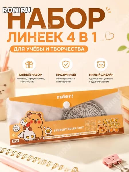 Набор прозрачных линеек с капибарой,4 предмета, пластик, с мотивирующими надписями, для школьника