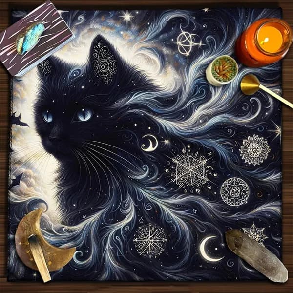 Алтарная скатерть для гадания на Таро с мистической черной кошкой 75x75cm