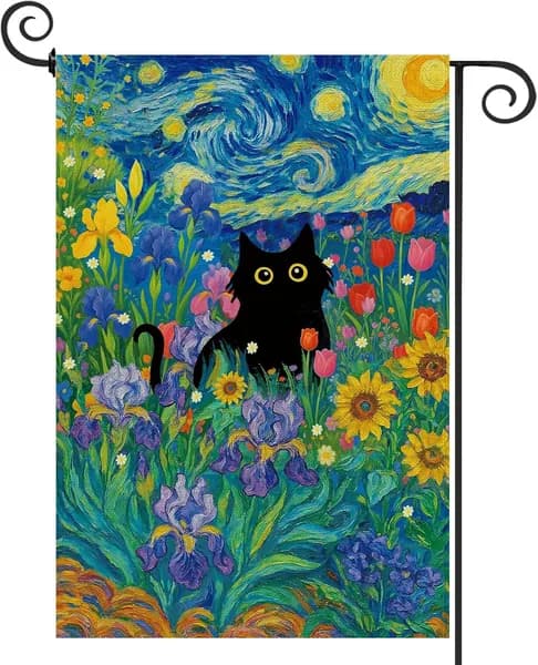 Флаг садовый с черной кошкой двусторонний из мешковины 32x46 см декор