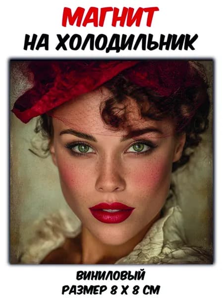Магнит на холодильник "Девушка в красной шапочке с кудрявыми волосами" ,виниловый,гибкий.