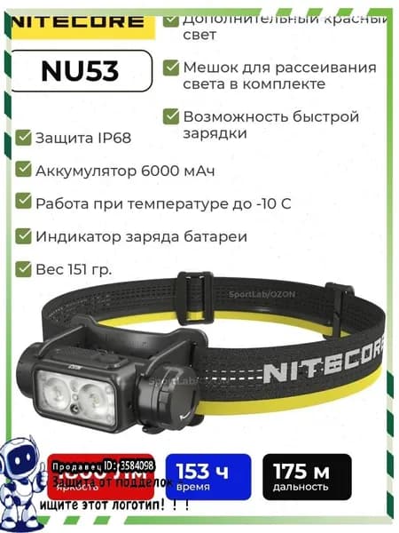 Комплект встраиваемойЭксклюзивный налобник NU53 1800 Lm 175 м 153 ч 6000 мАч
