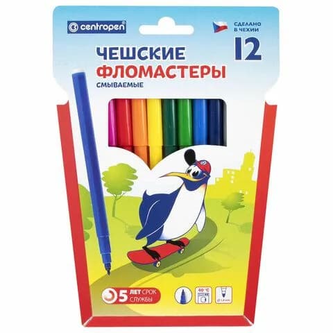 Фломастеры 12 цветов CENTROPEN "Пингвины", смываемые, вентилируемый колпачок, 7790/12ET, 7 7790 1286 150056