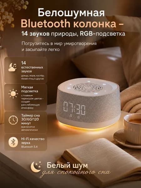 Bluetooth колонка с белым шумом и звуками природы, ночник RGB для сна, беспроводная акустика с таймером и Bluetooth 5.4 для спальни, детей и релаксации