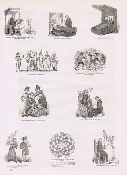 Старая Англия 153. Шашки, шахматы, кровати, кресла, мимы, музыкальные инструменты и боевые посохи. Антикварная гравюра (ксилография). Англия, 1864 год
