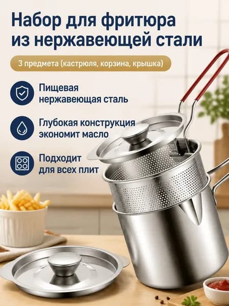 Комплект фритюрницы из 3 предметов: кастрюля, корзина и крышка, нержавеющая сталь, 12 см