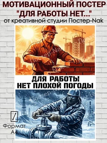 Мотивационный постер "ДЛЯ РАБОТЫ НЕТ ПЛОХОЙ ПОГОДЫ" на плотной премиальной глянцевой бумаге. Формат А4