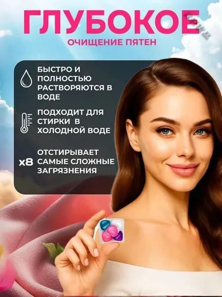 50 капсул для стирки, капсулы пять в одном с длительным ароматом и мощным антибактериальным действием для эфф