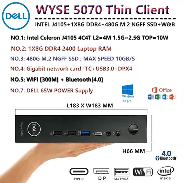 Мини-ПК DELL WYSE 5070 (Intel Celeron J4105, RAM 8 ГБ, SSD 480 ГБ, HDD 480 ГБ, Intel HD Graphics 600, Windows 10 Pro), черный матовый