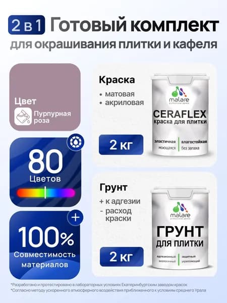 Комплект Malare LIPPO для окрашивания плитки и кафеля (2кг грунт + 2кг краска), акриловый, без запаха, быстросохнущий, матовый, цвет пурпурная роза