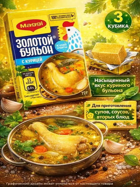 Бульон MAGGI Золотой с курицей в кубиках, 72г x 3 упаковки