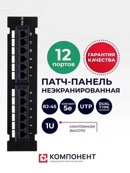 Патч-панель 1U 12 портов RJ-45 Cat.5e, неэкранированная Krone IDC