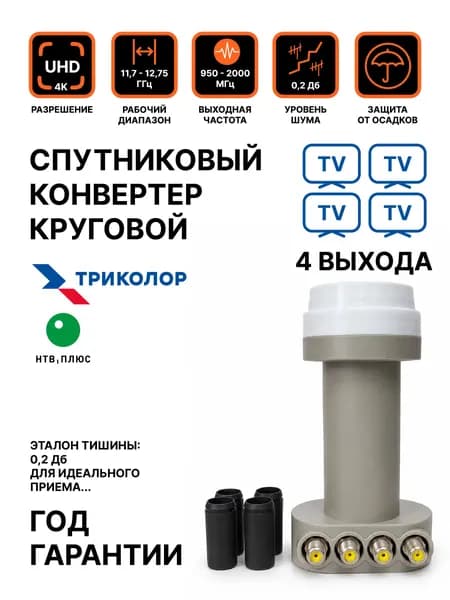 Спутниковый конвертер круговой четыре выхода SLIN-54EN, Триколор