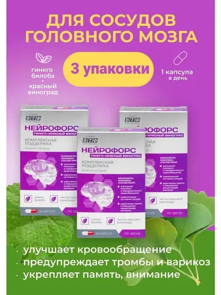 Нейрофорс Гинкго билоба + Красный виноград. Для улучшения состояния сосудов и работы мозга, памяти. Антиоксиданты. Ноотроп. 3 упаковки