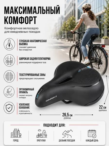 Седло велосипедное комфортное COMIRON 265x220, Технологии: ED, MEMORY FOAM, Верх: PU с пресс. принтом, Цвет: Чёрный Синий