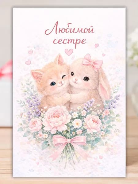 Открытка "Любимой сестре" акварельная открытка с животными, с конвертом, 10x15 MiloCards