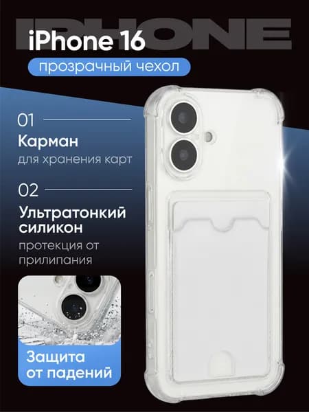 Чехол на Айфон 16, iPhone 16 прозрачный, с кармашком для карт