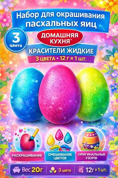 Набор для окрашивания пасхальных яиц ДОМАШНЯЯ КУХНЯ красители жидкие, 3 цвета, 12г