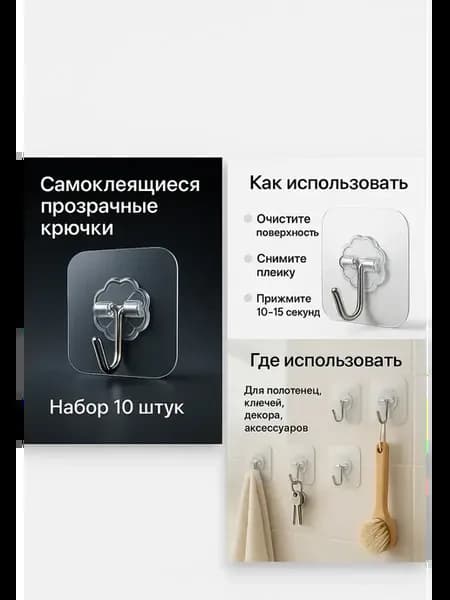 Самоклеящиеся прозрачные крючки для дома 10 шт