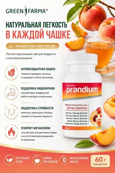 Green Farma Prandium Concentrate Tea Peach- термогенный травяной чай с ароматом лимона для детокса, антиоксидантного действия, похудения, с гарцинией и для контроля веса