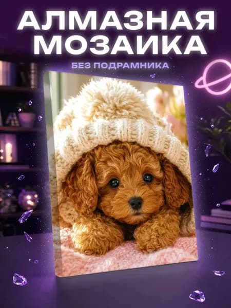 Алмазная мозаика щенок мальтипу в шапке на пушистом ковре