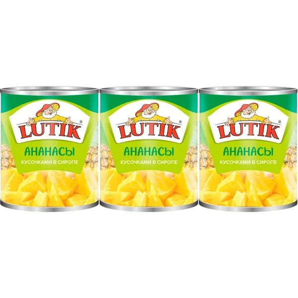 Ананасы Lutik кусочки в сиропе 850 г, набор: 3 штуки
