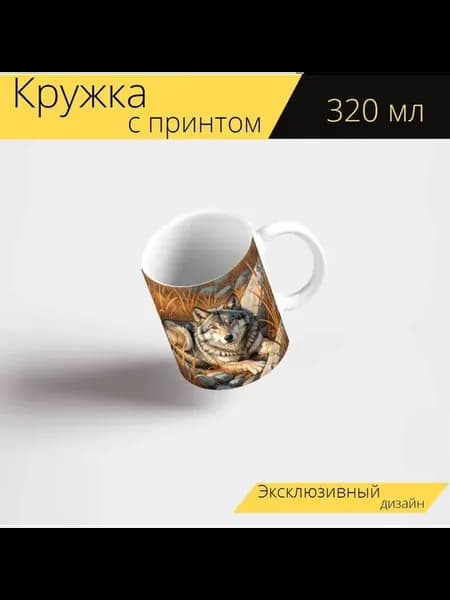 Кружка с принтом "Волк среди камышей. Хищник с." 320 мл