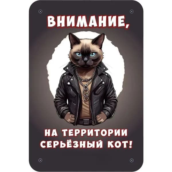 Декоративная табличка "Внимание, на территории серьёзная собака!" (Осторожно, злая собака) / размер 30х20см, Кот сиамский