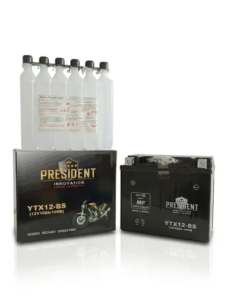 Аккумулятор для мотоцикла PRESIDENT INNOVATION YTX12-BS 12V 10Ah прямая полярность, мото АКБ сухозаряженный