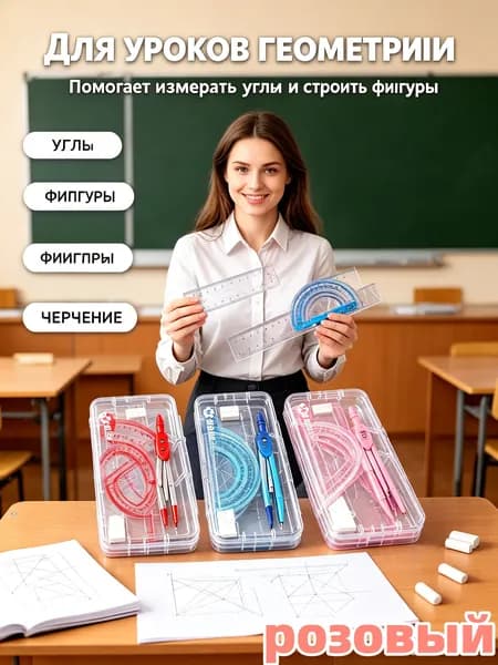 Набор для черчения школьный с циркулем / готовальня 7 предметов