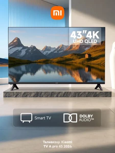 Xiaomi Телевизор Mi LED TV A Pro 43 2026 (L43MB-APRU), Wi-Fi 2,4 ГГц/5 ГГц, Bluetooth, голосовой помощник, Dolby Audio, 43″ 4K UHD, серый, темно-серый
